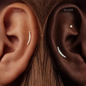 May include: A gold-toned ear piercing featuring a curved bar with clear stones labeled GOLD, and a silver-toned ear piercing featuring a curved bar with clear stones and a small star-shaped stud labeled SILVER, both worn on ear cartilage.