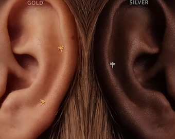 Titanium • Dragonfly Stud • Flat Back Threadless  • Handmade 20G/18G/16G Push Pin Earring • Gold Silver • Helix Tragus Conch Nose Piercing