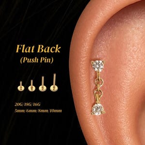 20G/18G/16G Chain Drop CZ Flat Back Earring • Threadless Titanium Push Pin Stud • Conch, Tragus, Helix, Lobe, Cartilage, Nose Piercing