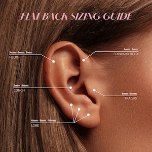 May include: A flat back sizing guide diagram overlaid on an ear, indicating jewelry lengths in millimeters for various piercings: 5mm, 6mm, 8mm for helix; 5mm, 6mm for forward helix; 6mm, 8mm for conch; 6mm, 8mm for tragus; and 6mm, 8mm, 10mm for lobe.