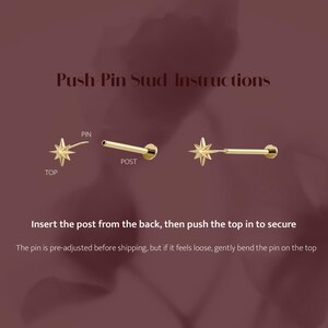 May include: A gold-colored star-shaped push-pin stud earring with a post and pin. Text reads: Push-Pin Stud Instructions. Insert the post from the back, then push the top in to secure. The pin is pre-adjusted before shipping, but if it feels loose, gently bend the pin on the top.