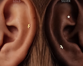 Titanium • Lotus Stud • Flat Back Threadless  • Handmade 20G/18G/16G Push Pin Earring • Gold Silver • Helix Tragus Conch Nose Piercing