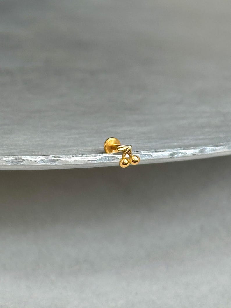 May include: A gold-toned stud earring featuring a small cherry motif with two round spheres attached to a single stem and a small leaf. The earring includes a flat circular backing post, designed for secure placement in a piercing.