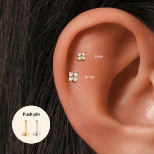 Flat Back Threadless Titanium Flower Stud • Handmade 20G/18G/16G Push Pin Earring • Gold Silver • Helix Tragus Conch Nose Piercing