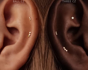 Titanium •Three CZ or Ball CZ • Flat Back Threadless •Handmade 20G/18G/16G Push Pin Earring • Gold Silver • Helix Tragus Conch Nose Piercing