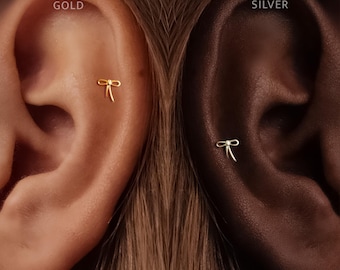 Titanium • Ribbon Stud • Flat Back Threadless  • Handmade 20G/18G/16G Push Pin Earring • Gold Silver • Helix Tragus Conch Nose Piercing
