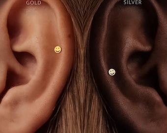 Titanium • Smile Stud • Flat Back Threadless  • Handmade 20G/18G/16G Push Pin Earring • Gold Silver • Helix Tragus Conch Nose Piercing