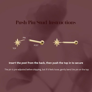 May include: A gold-colored star-shaped push-pin stud earring with a post and pin. Text reads: Push-Pin Stud Instructions. Insert the post from the back, then push the top in to secure. The pin is pre-adjusted before shipping, but if it feels loose, gently bend the pin on the top.