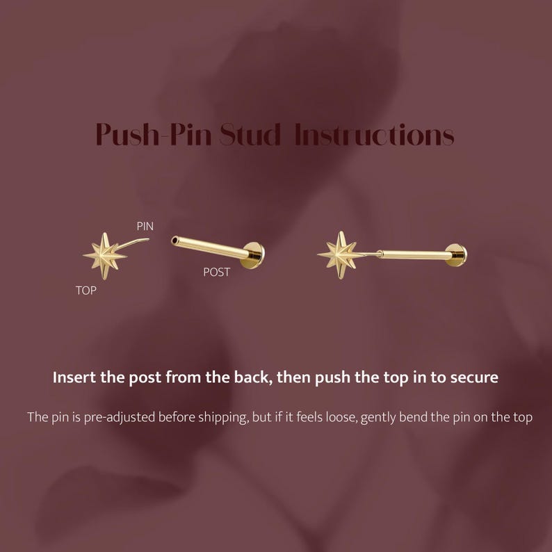 May include: A gold-colored star-shaped push-pin stud earring with a post and pin. Text reads: Push-Pin Stud Instructions. Insert the post from the back, then push the top in to secure. The pin is pre-adjusted before shipping, but if it feels loose, gently bend the pin on the top.