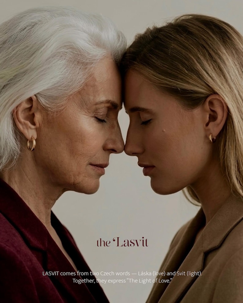 May include: Two individuals with closed eyes facing each other, wearing small gold hoop earrings. The text reads: the Lasvit. LASVIT comes from two Czech words &mdash; L&aacute;ska (love) and Svit (light). Together, they express "The Light of Love."