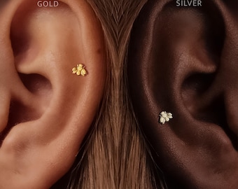 Titanium • Bee Stud • Flat Back Threadless  • Handmade 20G/18G/16G Push Pin Earring • Gold Silver • Helix Tragus Conch Nose Piercing