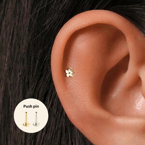 Flat Back Threadless Titanium Enamel Flowe Stud • Handmade 20G/18G/16G Push Pin Earring • Gold Silver • Helix Tragus Conch Nose Piercing