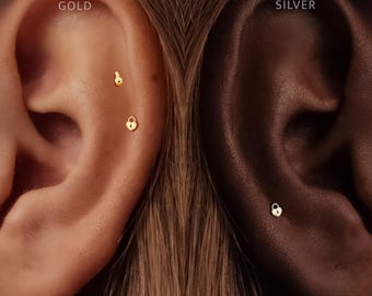 Titanium • Heart Lock Stud • Flat Back Threadless  • Handmade 20G/18G/16G Push Pin Earring • Gold Silver • Helix Tragus Conch Nose Piercing