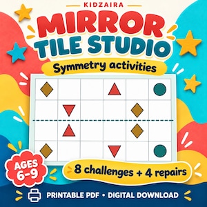 Pode incluir: Um download digital em PDF imprimível intitulado Kidzaira Mirror Tile Studio Symmetry activities para idades de 6 a 9 anos. O gráfico apresenta uma grade com formas geométricas, triângulos, diamantes e círculos, 8 desafios e 4 reparos.