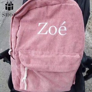 Sac à dos personnalisé en velours côtelé avec nom brodé – Sac d'école personnalisé pour enfants – Rose pâle – Parfait pour les filles ou les tout-petits