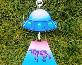 Moo-f-o Cow Alien Ufo Abduction Keychain / Sticker