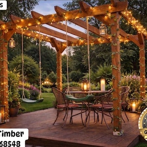 May include: A wooden pergola structure with 6x2 beams, featuring hanging swings, a table with chairs, and string lights. The structure includes lanterns and is labeled with Andy's Timber 07378768548 and a 15 year guarantee badge.