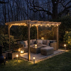 May include: A wooden pergola structure covering a gray wicker sectional sofa set with cushions, a matching coffee table, and an ottoman. The area is illuminated by string lights draped across the beams and several small solar garden path lights.