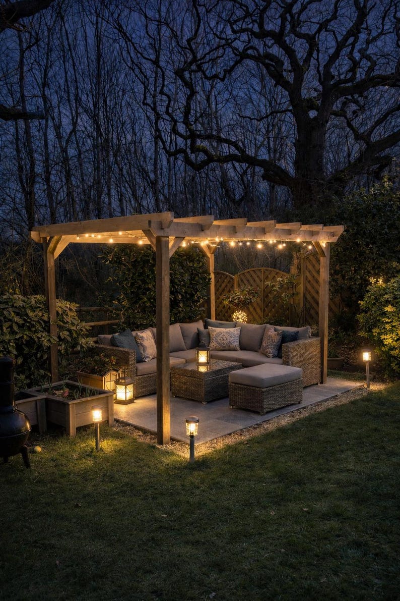 May include: A wooden pergola structure covering a gray wicker sectional sofa set with cushions, a matching coffee table, and an ottoman. The area is illuminated by string lights draped across the beams and several small solar garden path lights.