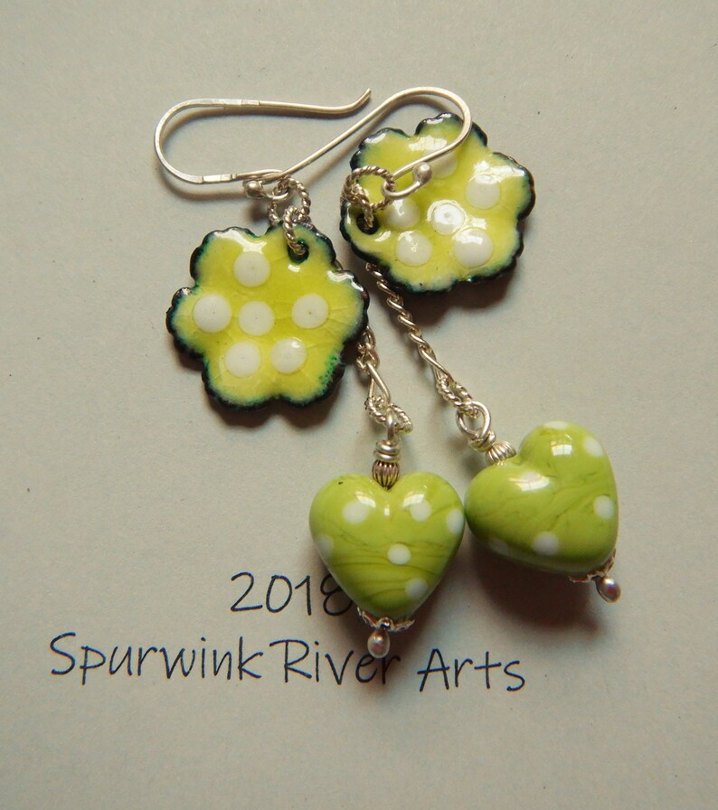 with Artisan Lampwork and Enamel Earrings Lime Green Hearts and Flowers 2018 E-223