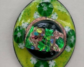 Large Enameled Pendant with japanese Glass Cab,  Lime Leaf