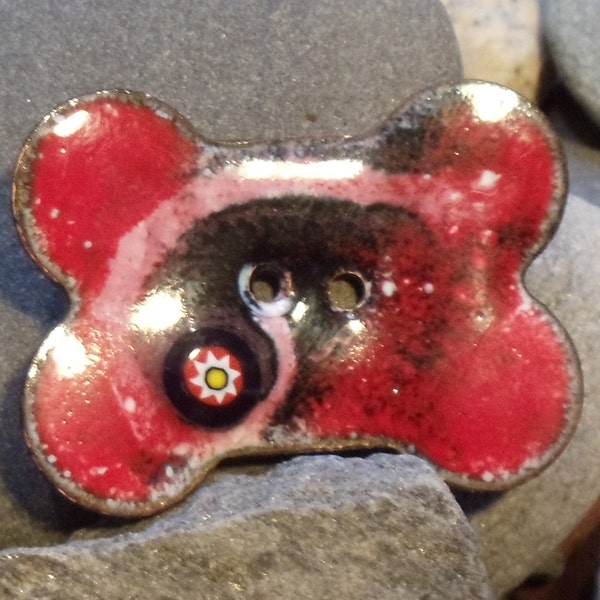 Button, Handcrafted Enamel: Doggy Bone- red swirl 2015 B-22