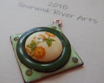 Large Enameled Pendant with japanese Glass Cab, Green Floral