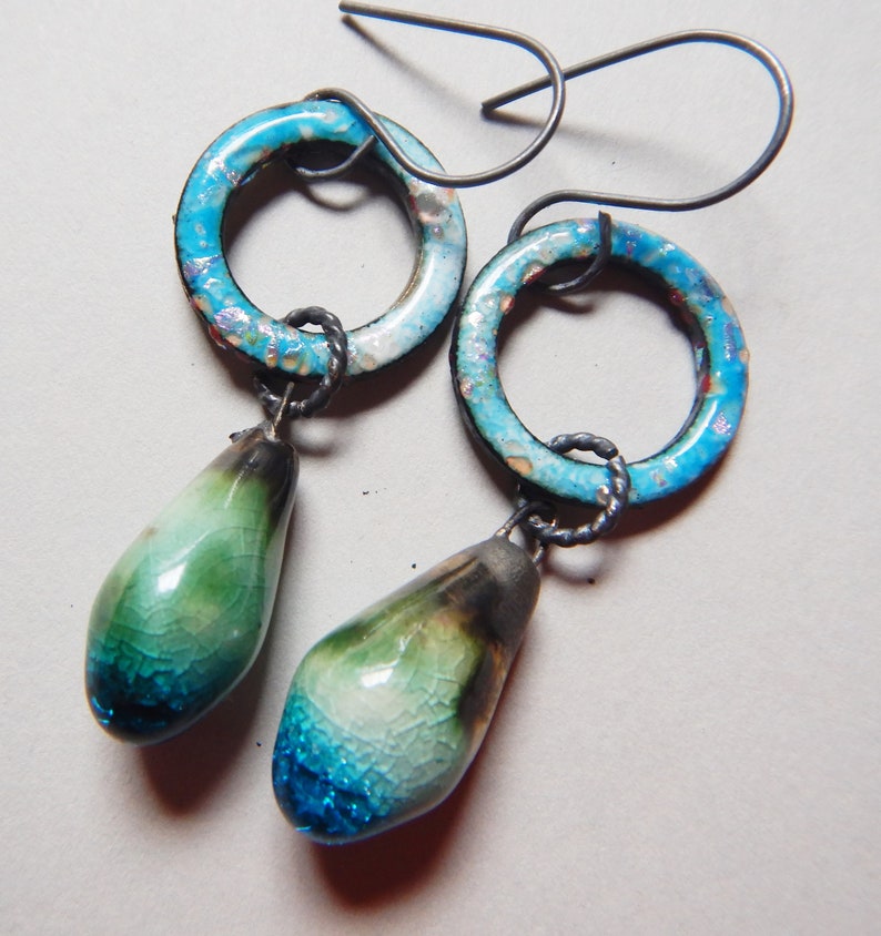 Rustic Enameled Earrings with Drops 2018 E-206