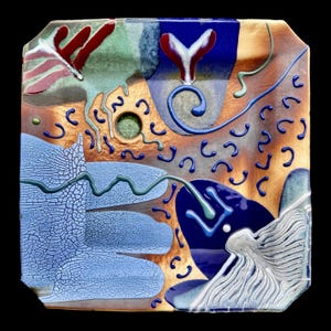 May include: Square ceramic plate with an abstract design. The plate features a mix of colors, including blue, brown, green, and red. The design includes organic shapes and lines, with a textured appearance. The plate has a glossy finish and is set against a black background.