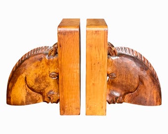Vintage MCM Swedish Steneby School Carved Wood Horse Bookends Pair, Scandinavian Folk Art