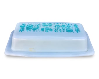 Vintage Pyrex Turquoise Amish Butterprint Butter Dish Kitchenware Folk Art