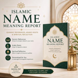A digital graphic advertising an Islamic Name Meaning Report with a green and gold book, bullet points listing features, and a glowing lantern on a table.