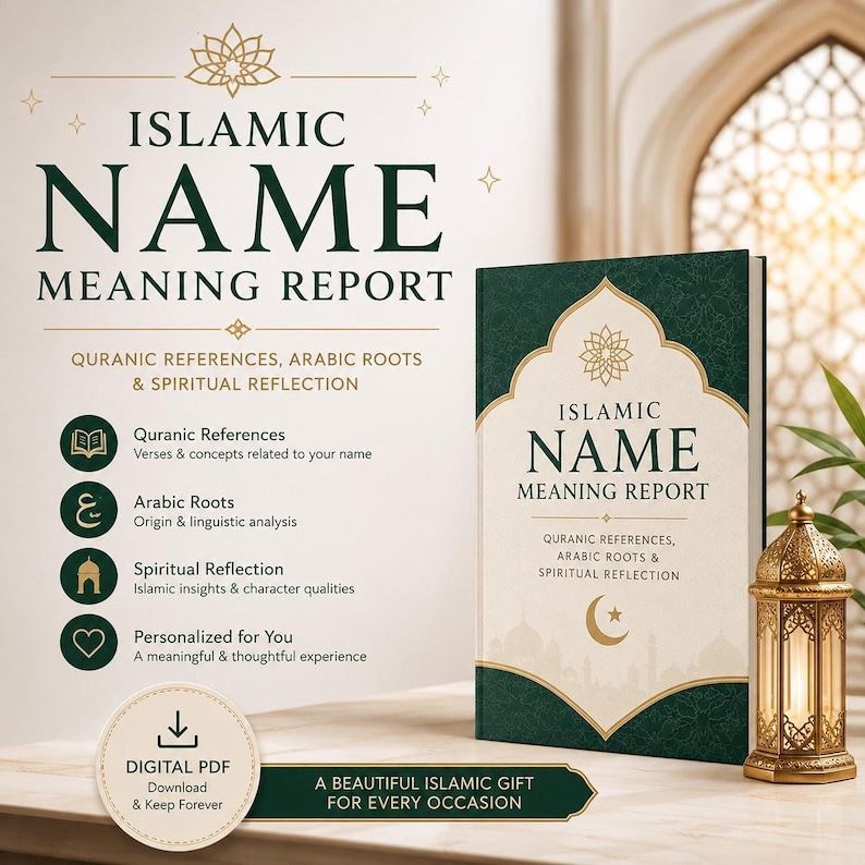 A digital graphic advertising an Islamic Name Meaning Report with a green and gold book, bullet points listing features, and a glowing lantern on a table.