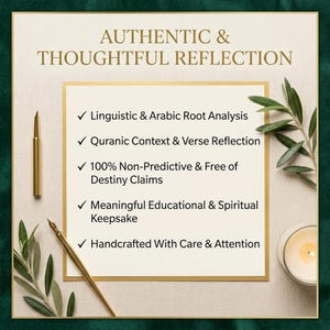 A product card featuring the heading Authentic and Thoughtful Reflection above five bullet points detailing educational and spiritual features, decorated with two gold pens, olive branches, and a lit candle on a cream background.