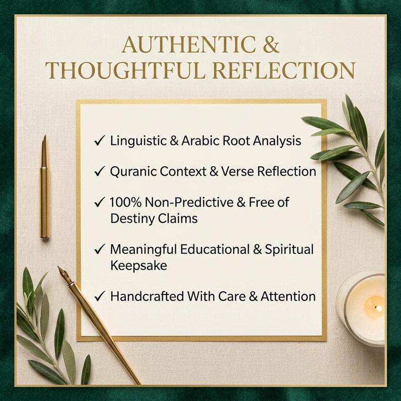 A product card featuring the heading Authentic and Thoughtful Reflection above five bullet points detailing educational and spiritual features, decorated with two gold pens, olive branches, and a lit candle on a cream background.