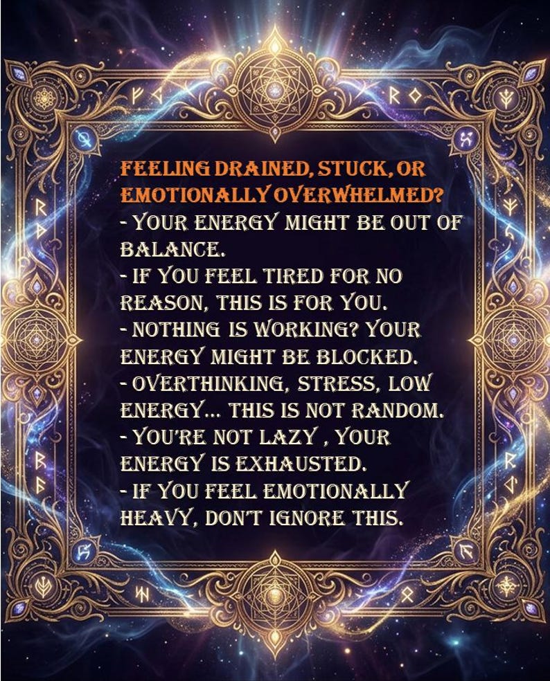 May include: An ornate, gold-framed graphic with text addressing emotional overwhelm. The text reads: "Feeling drained, stuck, or emotionally overwhelmed?" and offers advice on energy balance and emotional well-being.