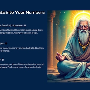 May include: Digital illustration of a wise, bearded figure in meditation, radiating light. The image is titled "Deeper Insights into Your Numbers" and includes text about soul urge, personality, and maturity numbers.