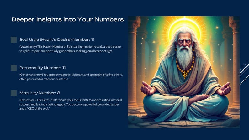 May include: Digital illustration of a wise, bearded figure in meditation, radiating light. The image is titled "Deeper Insights into Your Numbers" and includes text about soul urge, personality, and maturity numbers.