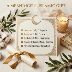 A flat lay image features a cream-colored sign with gold ornate borders and a crescent moon, listing five occasions for gifting with small gift box icons, alongside a rolled scroll tied with a gold ribbon, a lit candle in a glass holder, cotton