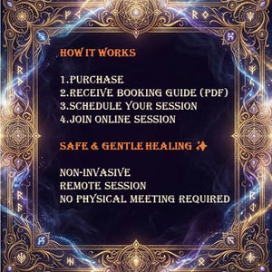 May include: An ornate, dark blue graphic with gold filigree and text. The text reads "HOW IT WORKS" followed by steps: Purchase, Receive Booking Guide, Schedule Session, and Join Online Session. It also states "SAFE & GENTLE HEALING".