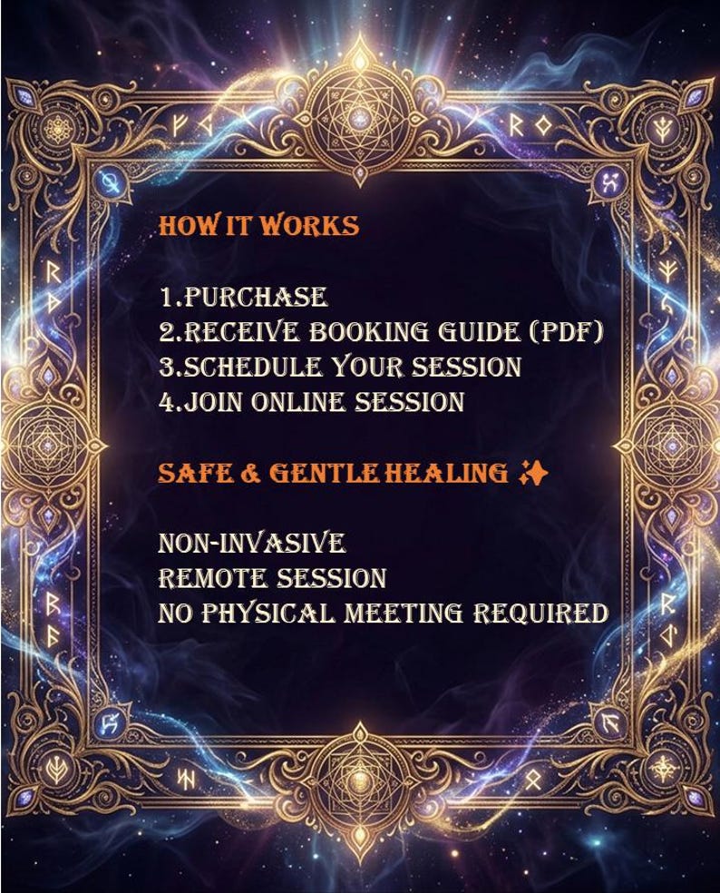 May include: An ornate, dark blue graphic with gold filigree and text. The text reads "HOW IT WORKS" followed by steps: Purchase, Receive Booking Guide, Schedule Session, and Join Online Session. It also states "SAFE & GENTLE HEALING".