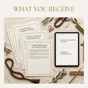 A flat lay image shows printed paper report pages and a tablet displaying text with headings like Arabic Roots and Spiritual Reflections, surrounded by prayer beads, brass clips, and olive branches on a textured fabric background.