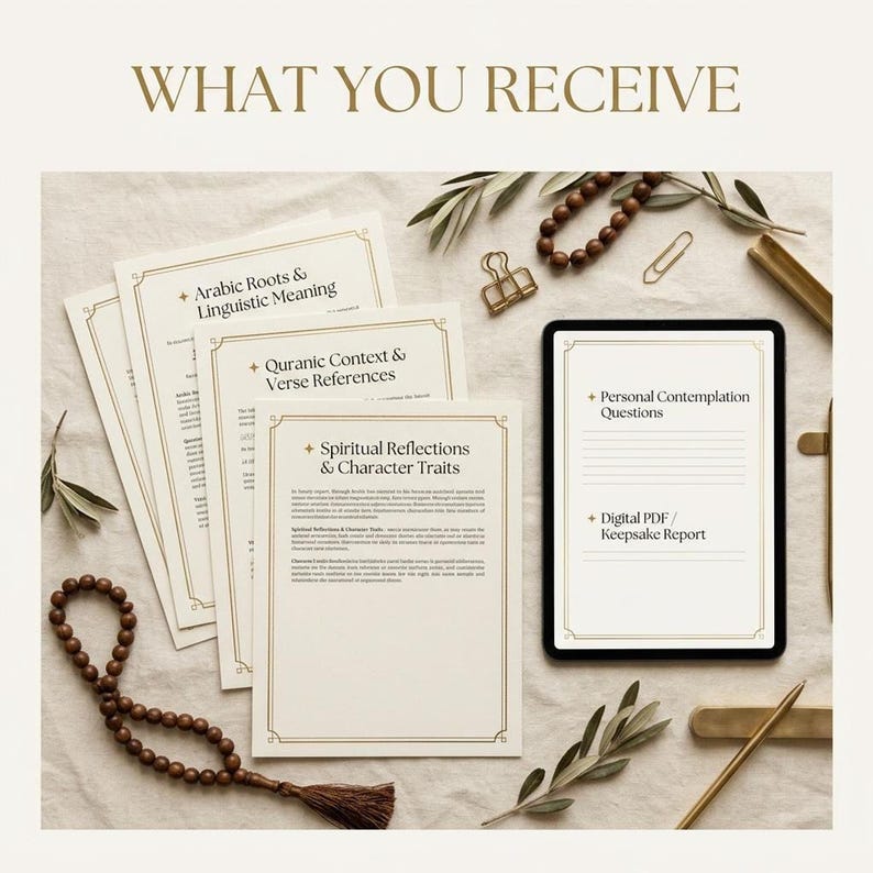 A flat lay image shows printed paper report pages and a tablet displaying text with headings like Arabic Roots and Spiritual Reflections, surrounded by prayer beads, brass clips, and olive branches on a textured fabric background.