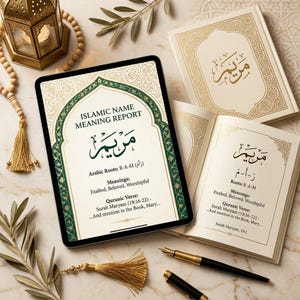 A tablet displays an Islamic name meaning report for Maryam, surrounded by two open books, prayer beads, a lantern, and two pens on a wooden surface.