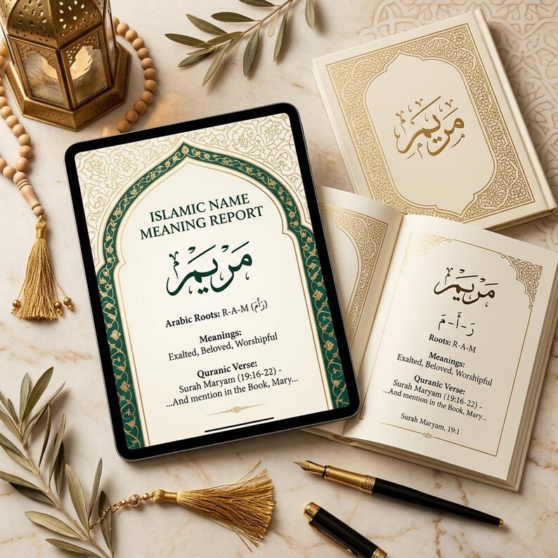 A tablet displays an Islamic name meaning report for Maryam, surrounded by two open books, prayer beads, a lantern, and two pens on a wooden surface.