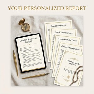 A digital tablet showing a linguistic and quranic analysis report, surrounded by printed report pages, two gold pens, a compass, and prayer beads on a fabric background.
