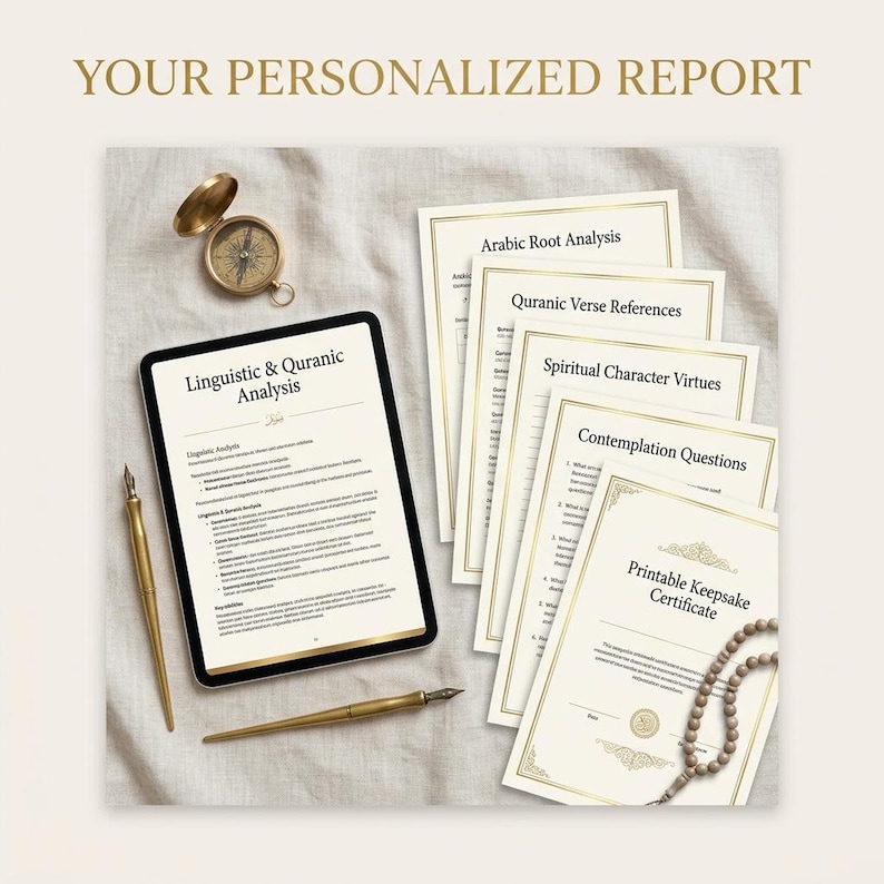 A digital tablet showing a linguistic and quranic analysis report, surrounded by printed report pages, two gold pens, a compass, and prayer beads on a fabric background.