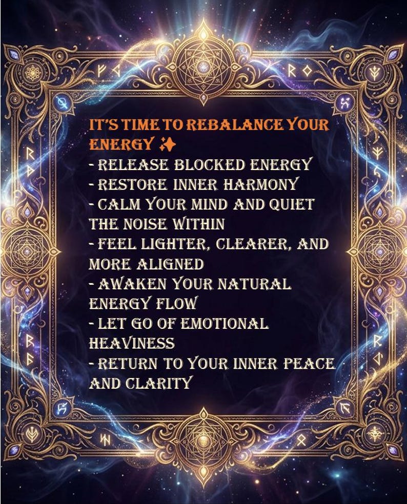 May include: An ornate, gold-framed graphic with the text "IT'S TIME TO REBALANCE YOUR ENERGY." The image lists steps to improve well-being, including releasing blocked energy and restoring inner harmony. The background features a cosmic design with swirling blues and purples.