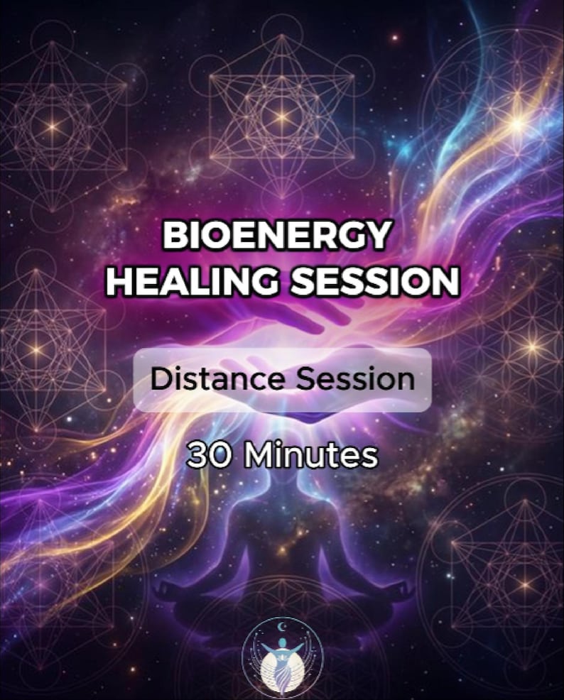 May include: A digital graphic with the text "BIOENERGY HEALING SESSION" and "Distance Session" and "30 Minutes". The image features a person meditating, surrounded by geometric shapes and colorful energy streams in purple, blue, and gold.