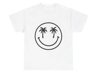 Smiley Face Shirt, Retro Happy Face T-Shirt, Trendy Vintage Graphic Tee, Cute Smile Palm Trees Tshirt, Plus Size Graphic T Shirt, Fun Gift